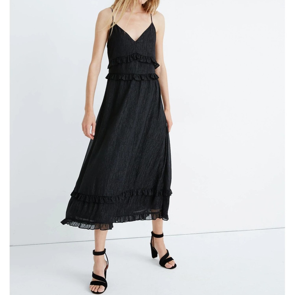 NEW‎ Madewell Shimmer Ruffle Cami Maxi Dress Size 12 Black Metallic Holiday